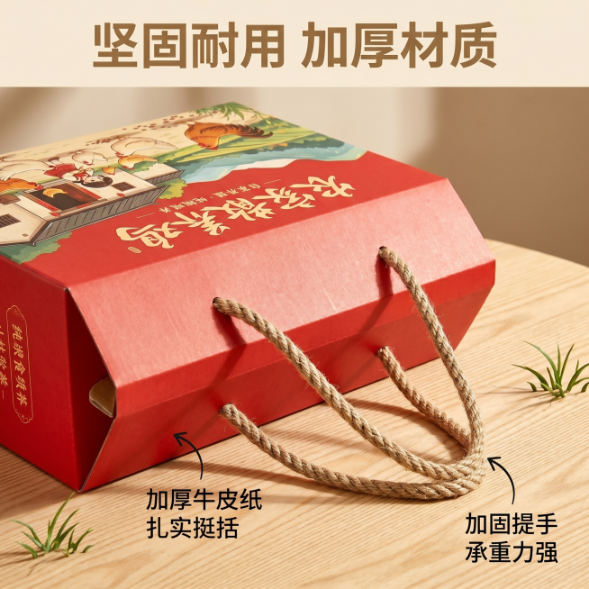 [主图 2] 农家散养鸡专用礼盒核心材质细节展示，氛围风格为温馨舒适山野治愈风，国风手绘结合国潮红色风格。画质：商业摄影质感、光线柔和通透、产品清晰真实、画面干净高级。元素：特写展示礼盒加厚牛皮纸材质预览效果