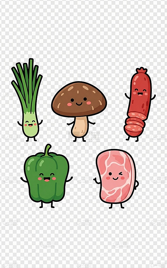 参考参考图的风格，生成韭菜，香菇，腊肠，青椒，肉片的可爱拟人卡通形象，每个食材都带有表情和四肢，线条圆润，使用简约鲜艳的色彩，和参考图一样是可爱简约的卡通描边风格，透明背景，一共五个食材形象排列