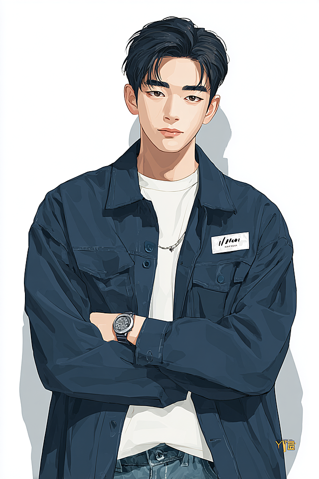 Asian male character, delicate clear features, soft gentle eyebrows, slightly drooping eye corners, eyes with both gentle expression and faint determination. Looks quiet when not smiling, has fine lines at corners of eyes when smiling, clean warm vibe. Tall straight figure 180cm, straight shoulders. Wears a well-washed but neat convenience store work uniform, navy jacket with white inner shirt, name tag on chest. Neat short haircut, clean trimmed nails. One old wristwatch on left wrist, no other accessories. Overall clean, reliable approachable feeling, photorealistic portrait