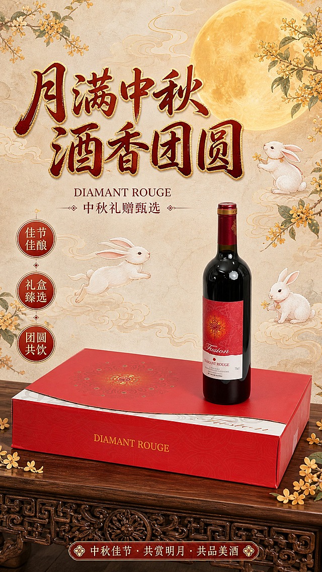 国风新中式工笔风格中秋红酒宣传海报，竖版9:16。画面主体为DIAMANT ROUGE红酒瓶与红色礼盒，100%还原上传商品图的产品外形、包装、LOGO、印刷文字、净含量，完整保留原图中的瓶型、盒型、轮廓、结构、比例、瓶盖、标签版式、品牌logo、容量信息、材质质感、颜色与正面朝向，设计仅作用于背景、光影、道具、版式和文字区。背景为淡雅米黄色宣纸质感，上方一轮金黄圆月，周围环绕祥云纹与桂花枝，几只玉兔点缀其间。产品置于画面中下部，摆放在深色木质台面上，台面有精致的中式雕花。画面顶部主标题"月满中秋 酒香团圆"，采用毛笔书法字体，金色描边。副标题"DIAMANT ROUGE 中秋礼赠甄选"位于主标题下方。画面左右两侧有三个圆形卖点标签："佳节佳酿""礼盒臻选""团圆共饮"。整体色调以朱红、金色、米白为主，工笔淡彩画风，雅致喜庆，版式精美，留白舒适，超高清2K画质。画面中所有信息区域必须填充完整合理的内容，不得出现空白框、空白占位。