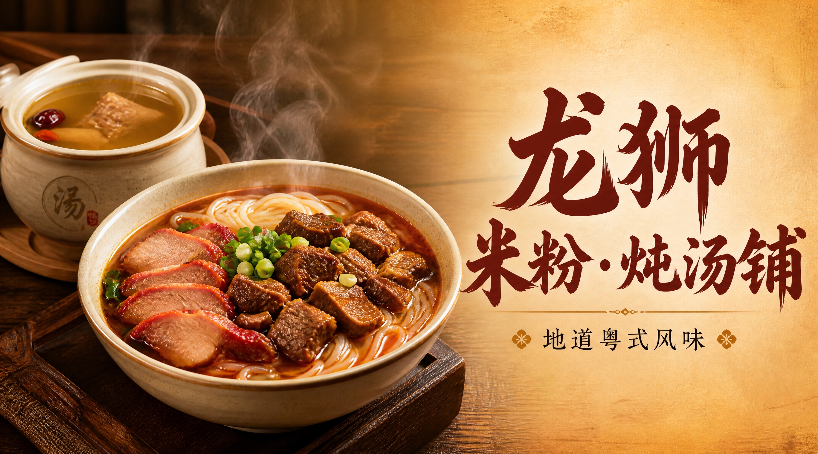 写实商业摄影风格，龙狮米粉·炖汤铺店招设计，702x392横版… - 图片创意预览