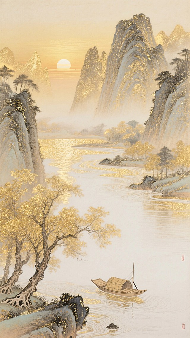 鎏金山水背景，日出，山峰，水流，泛舟，古树，大面积留白