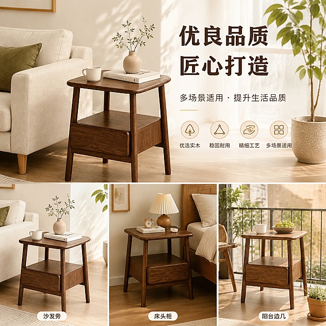 拼多多实木边几电商主图，第5张：优良品质场景图。画面主体为实木边几在真实家居生活场景中使用，可放在沙发旁、床边、阳台等多场景组合展示，配大字文案'优良品质 匠心打造'，体现产品多功能用途和高品质工艺，温馨生活氛围，1:1正方形构图