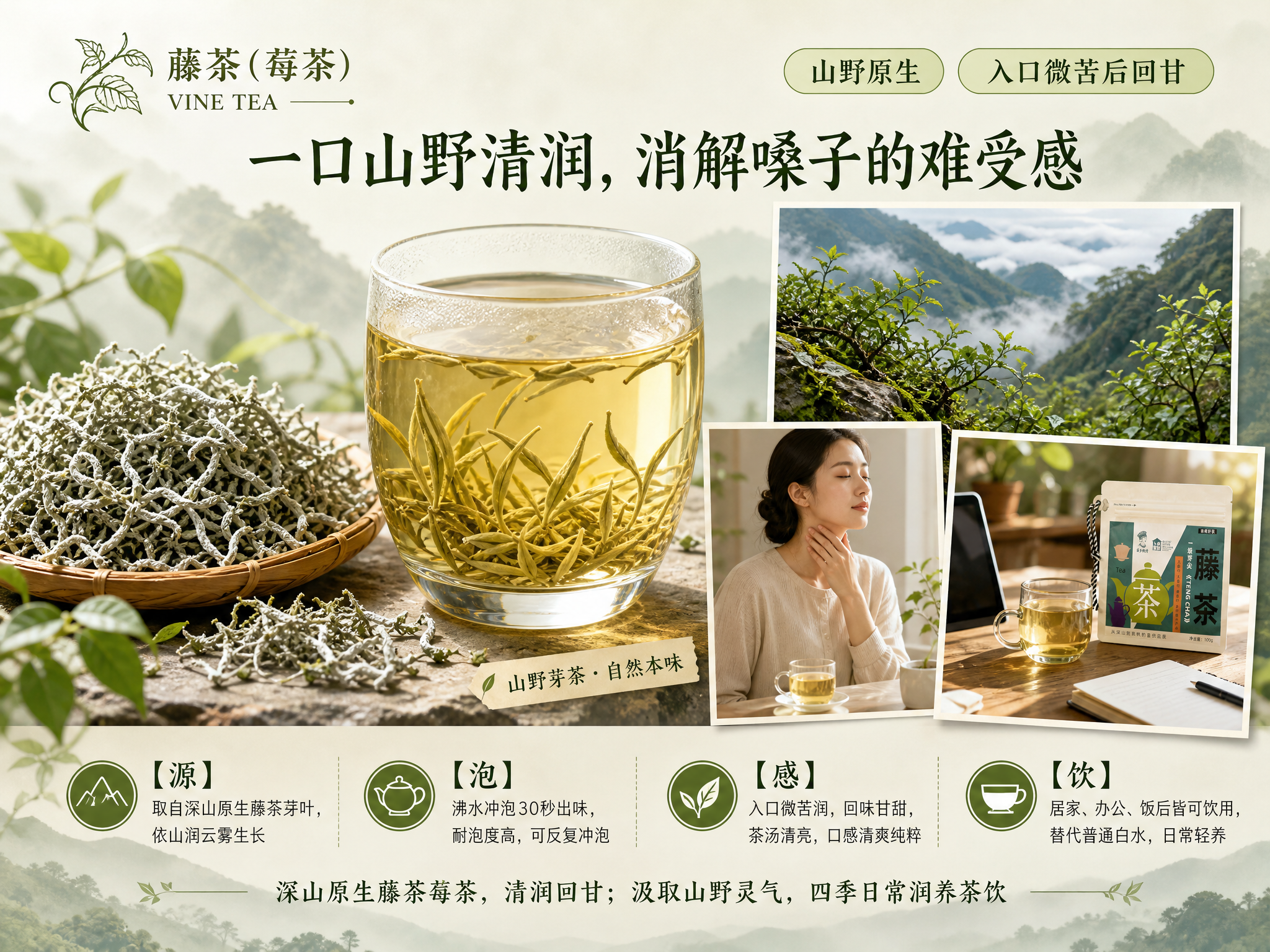 藤茶（莓茶）产品海报，4:3横版比例，山野自然清新风格，写实商… - 图片创意预览