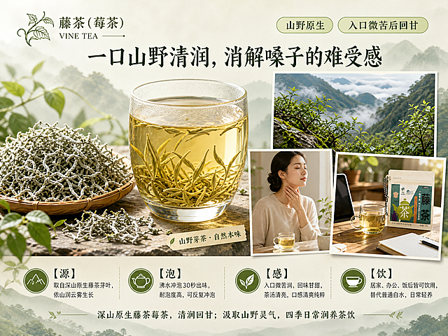 藤茶（莓茶）产品海报，4:3横版比例，山野自然清新风格，写实商业摄影质感，整体色调以青绿、米白、暖棕为主，营造深山云雾间的原生茶韵氛围。

【画面布局】
顶部左上角：品牌基础信息区，包含中文品名"藤茶（莓茶）"、英文品名"VINE TEA"，搭配藤蔓茶叶简约线稿图标，简洁雅致。
顶部右侧：两个椭圆形标签，分别写"山野原生"、"入口微苦后回甘"，浅绿底深绿字，圆润柔和。

画面中部偏左：主视觉大图，展示莓茶的干茶（细长带白霜的芽尖茶叶）与透亮金黄茶汤成品图，玻璃杯盛装，茶汤清澈透亮，茶叶舒展，旁边散落少许干茶，质感真实诱人。
画面中部偏右及下方：三张场景小图呈错落排列——
  场景小图1：深山藤茶自然生长环境，云雾缭绕的山间，藤蔓茶树生长在岩石与林木间，绿意盎然；
  场景小图2：适合经常用嗓人士饮用的示意，一位轻揉喉咙的人士手边放着一杯藤茶，温和舒适；
  场景小图3：居家/办公日常饮茶场景，简约书桌或茶几上放着藤茶与茶杯，阳光洒落，生活感强。
主视觉图右下角贴纸小字："山野芽茶・自然本味"。

画面上部中央偏上：导语大标题"一口山野清润，消解嗓子的难受感"，字体清雅有力，深墨绿色，醒目易读。

画面底部：四栏文案区，横向均匀分布，每栏带小标题与说明文字——
  【源】取自深山原生藤茶芽叶，依山涧云雾生长
  【泡】沸水冲泡30秒出味，耐泡度高，可反复冲泡
  【感】入口微苦润，回味甘甜，茶汤清亮，口感清爽纯粹
  【饮】居家、办公、饭后皆可饮用，替代普通白水，日常轻养

最底部精简宣传语："深山原生藤茶莓茶，清润回甘；汲取山野灵气，四季日常润养茶饮"。

【视觉风格】
背景为浅米色到淡青绿的柔和渐变，点缀虚化的山影、云雾、藤蔓叶片剪影，层次丰富但不抢主体；整体光影为自然侧前方柔光，柔和通透，茶汤有通透光泽，干茶纹理清晰；版式精美，信息分区明确，留白舒适，所有文字清晰可读，文字不遮挡产品主体。

画面中所有信息区域必须填充完整合理的内容，不得出现空白框、空白占位、横线待填写区域、空列表项、空单元格；确保是完整可用的成品海报而非待填写模板。
画面中所有数字必须精确渲染，不得错位、遗漏或编造。