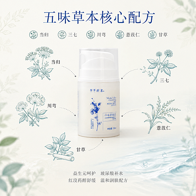 [主图-3] 核心成分展示 五味草本植萃简约插画风格 强调草本核心配方。
[统一基调] 京东平台风格 简洁稳重 高端大气 灵动通透 草本植萃水润感 整体以清透奶白与淡蓝为主色调 点缀草本植物绿 主标题使用干净优雅的细衬线体 深蓝色字 辅助文案用深灰色 字号层级清晰 文字占比小于30% 一图一重点。
[画面] 画面中央偏上位置展示产品瓶体缩小版 保持原有外观 瓶体周围环绕五味草本植物的简约线条插画 分别是当归 三七 川芎 薏苡仁 甘草 每种植物用精致的蓝绿色线条手绘风格呈现 错落有致地分布在瓶身四周 用极细的虚线从植物引向瓶体 表达成分萃取概念 背景为纯净的浅米白色 带有极淡的草本纹理 整体简约高级 不杂乱。
[光影质感] 扁平化插画与真实产品结合风格 产品部分保持真实摄影质感 植物插画为精致线描风格 整体光线柔和均匀 通透干净。
[配色] 主色浅米白 植物插画用蓝绿色系 文字深蓝色和深灰色 产品保持原色 整体清新自然。
[文字版式] 画面上方主标题"五味草本核心配方" 深蓝色细衬线体 字号最大 居中或左上方排版 中间植萃成分列表"当归 三七 川芎 薏苡仁 甘草" 每个成分名对应旁边小图标 深灰色 字号中等 底部小字"益生元呵护 玻尿酸补水 红没药醇舒缓 温和润肤配方" 小号深灰色 分两行排列 所有文字横排 清晰可读。
[输出要求] 1:1正方形比例 2048*2048像素 产品瓶体外观与输入图一致 植物插画精致美观 文字清晰 画面高清 无变形 无错字 无水印 无京东平台Logo 无多余元素。