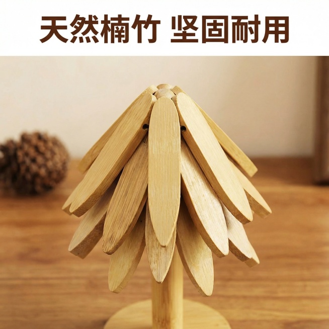 生成淘宝详情图，展示树型楠竹隔热垫的楠竹材质细节，突出天然木纹质感，添加文字“天然楠竹 坚固耐用”，风格平实，1:1比例预览效果