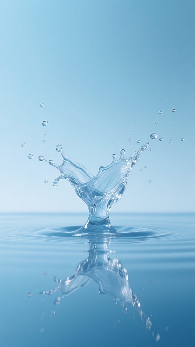 一张高清晰度的水形态创意摄影，以纯净的浅蓝色渐变背景为衬托，水面平静如镜，倒映着上方跃动的水流。画面中央，清澈透明的水从水面向上涌起，凝固成一朵优雅绽放的水晶般水花，水珠晶莹剔透，边缘泛着柔和的高光，细小的水滴如钻石般四散飞溅，悬浮在空气中，呈现出灵动而富有张力的动态瞬间，光影效果柔和自然，营造出宁静、纯净且充满生命力的氛围。