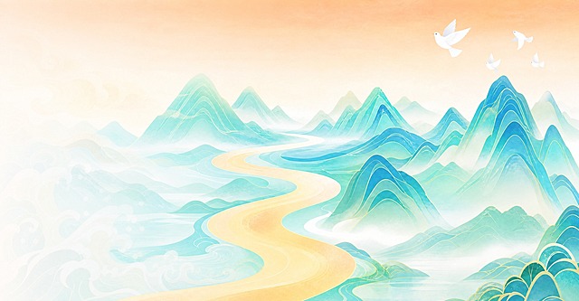 删除画面中的红色中式亭子和白色石拱桥，删除画面上方中间的金色太阳。将画面最左侧的金色祥云和白色浪花内容处理得更淡、更朦胧、透明度降低，形成自然的渐变过渡效果，方便与其他图片拼接融合。保持整体国潮山水插画风格不变，青蓝色山脉、蜿蜒的金色道路、白色和平鸽都保留，画面干净无多余元素，左侧边缘自然淡化过渡