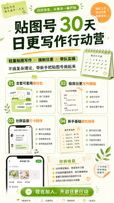 竖版中文产品海报，标题"贴图号30天日更写作行动营"，清爽教育类风格，奶油白背景，浅绿色为主色，浅橙色点缀。突出卖点"轻量贴图写作 × 强制日更 × 带队实操" "不搞复杂理论，带新手把贴图号做起来"预览效果