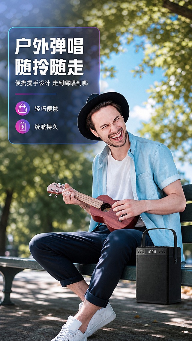 [商品] 使用【图7】户外弹唱场景图；保留音箱黑色外观、提手、显示屏数字，保留人物弹尤克里里动作，不改变产品与人物原貌。
[画面] 目标：展示户外便携使用场景。人物坐在公园长椅上弹尤克里里，音箱放在长椅上位于画面右下方，阳光透过树叶形成自然光斑。背景为虚化的绿树蓝天，营造轻松愉悦的户外氛围。产品清晰可见。
[视觉] 套系策略：风格=3C数码科技商业渲染风；标题字=粗黑无衬线字体；正文字=简洁无衬线体；主色=深蓝紫；背景延展=深蓝紫渐变+霓虹红蓝光效+深色反光地面；强调色=霓虹粉紫；标题色=白色；正文色=浅灰蓝；组件=圆角半透明信息卡、细线引线、发光标签；光影=侧前冷光+红蓝轮廓光。
[文字] 左上角半透明卡片内主标题"户外弹唱 随拎随走"，副标题"便携提手设计 走到哪唱到哪"，配2个卖点："轻巧便携""续航持久"。文字不遮挡人物与产品主体。
[规格] 图片比例9:16竖版，4K，负向提示：避免产品变形、颜色改变、人物失真、场景违和、文字遮挡主体。