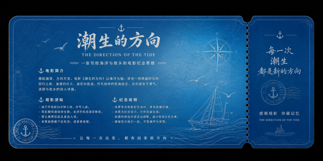 生成这张电影票的背面，保持蓝色海洋航海风格，带有电影名《潮生的方向》、相关说明文字、船锚、海浪等元素，保持原票的尺寸和设计风格协调统一预览效果