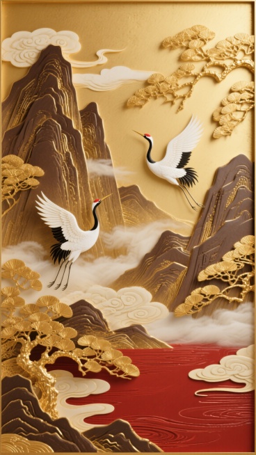 新中式背景，金色浮雕质感的传统山水纹样，画面以金色和米黄色为主色调，点缀深邃的棕色山体与鲜红的水面，两只姿态优雅的白色仙鹤展翅翱翔于金色枝叶与云雾缭绕的山峦之间，整体呈现出层次分明的立体浮雕效果，光影柔和，营造出庄重典雅且富有东方韵味的氛围，构图饱满，细节精致，具有浓厚的中国传统美学风格与现代装饰感。预览效果