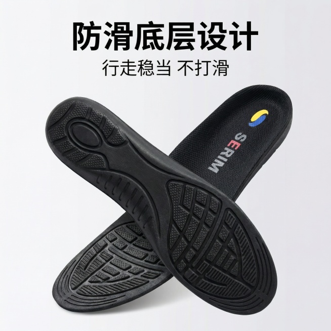 [主图 3] 防滑底层设计展示
[氛围/风格] 功能卖点清晰展示，干净专业棚拍风格
[画面元素] 展示SEHMIA鞋垫的防滑底部设计，保留产品原有黑色调，鞋垫侧翻放置露出防滑底层，背景简洁干净，突出防预览效果