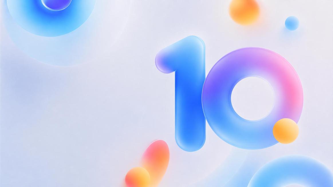去掉画面中所有文字，只保留突出放大的10周年主视觉icon和毛玻璃渐变背景，保持16:9尺寸、原有色彩和设计风格不变预览效果
