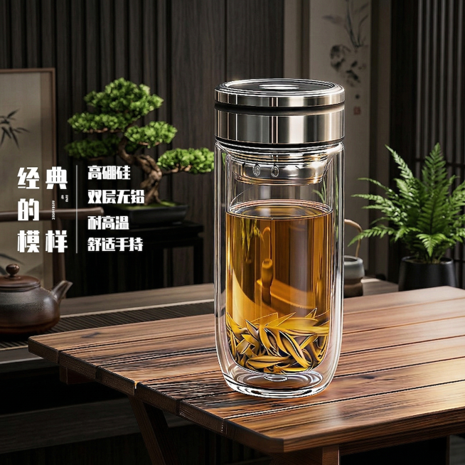 保持玻璃杯整体结构、杯内茶叶形态完全不变，更换为黑色优雅高档茶室背景，背景点缀绿植营造雅致氛围，将左侧文字放大两个号，清晰醒目，极致优化双层玻璃通透度，内外层玻璃完全透明仿若不存在，透过玻璃和茶水可清预览效果