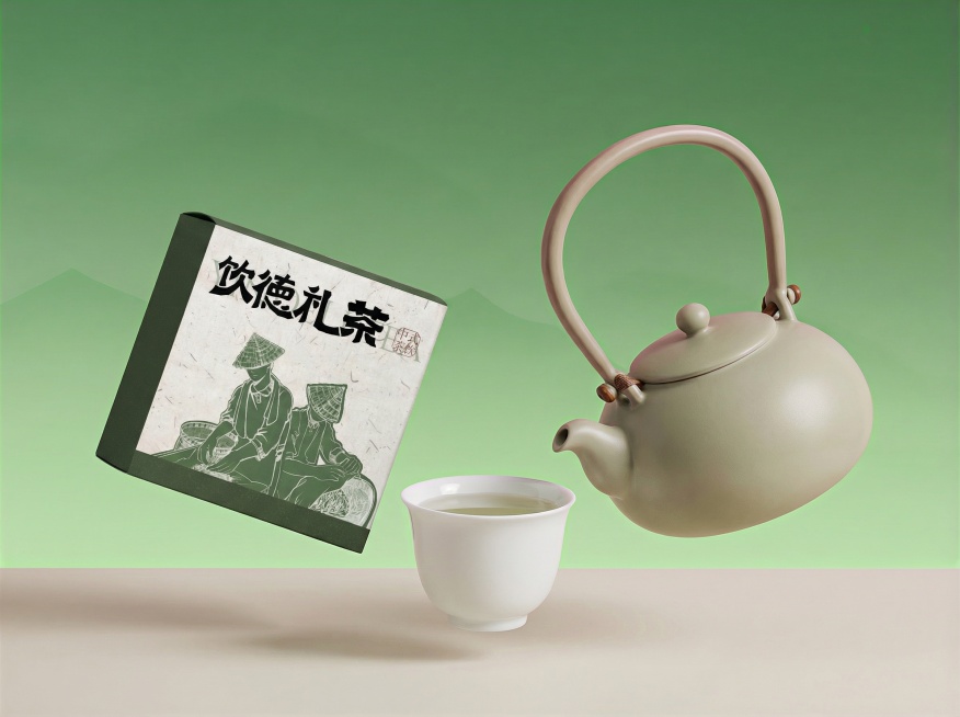 画面左侧放置“饮德礼茶”小包装盒（图1）；右侧摆放一只浅灰青釉陶瓷茶壶（图3），圆润壶身、弧形提梁、木质固定环；中间偏前位置放一个素白瓷茶杯，里面有茶水，杯口微敞；物体都悬浮在空中，微微倾斜，错落有致预览效果