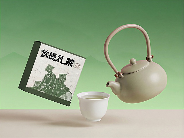 画面左侧放置“饮德礼茶”小包装盒（图1）；右侧摆放一只浅灰青釉陶瓷茶壶（图3），圆润壶身、弧形提梁、木质固定环；中间偏前位置放一个素白瓷茶杯，里面有茶水，杯口微敞；物体都悬浮在空中，微微倾斜，错落有致；背景为图3，产品摄影级质感，8K高清，静谧雅致氛围。