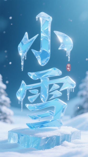 主体是由晶莹剔透的冰蓝色、浅蓝色构成的艺术字“小雪”，色调清新冷冽。字体表面呈现出逼真的冰面质感，有流动的纹理与垂下的冰棱细节，光效模拟冰雪反光，柔和且带清冷光泽。视角为正面垂直展示，线条灵动，将节气预览效果