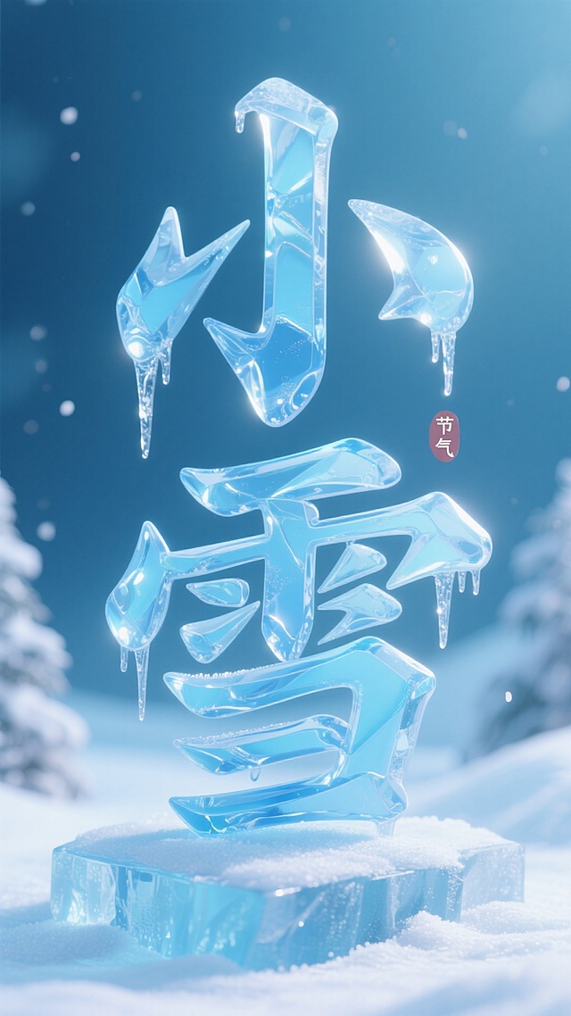 冰晶质感的“小雪”二字，3D重拟物风结合玻璃材质，透出清透梦幻感，静谧冬景中营造虚拟现实般的节气意境。