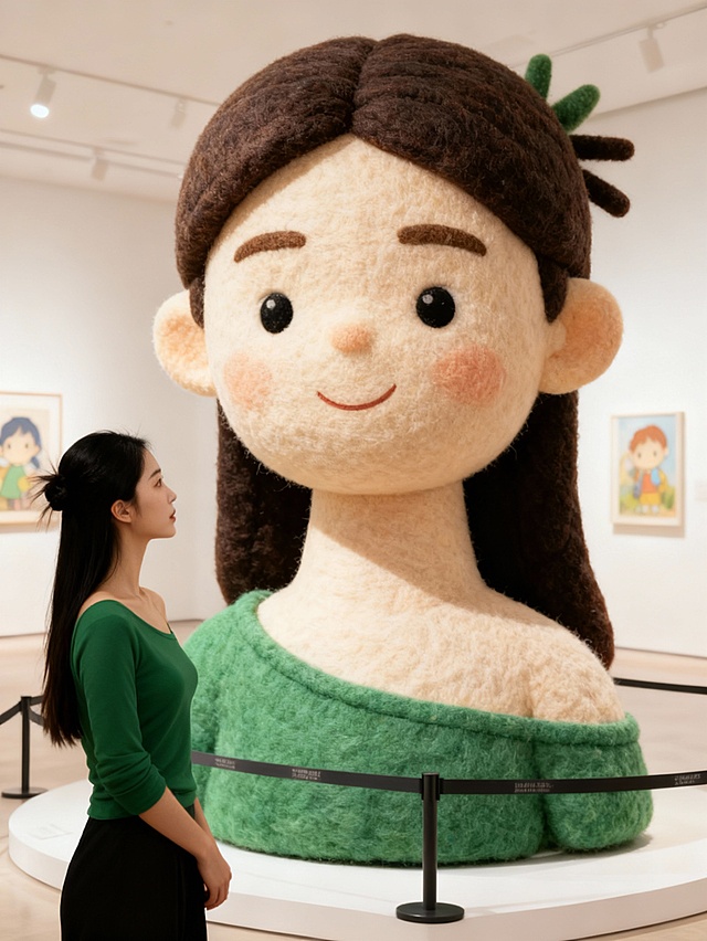 软3D毛毡质感的卡通女孩雕塑，拟人化设计融合毛发生长与粘土风，温暖可爱，营造温馨趣味的艺术氛围。