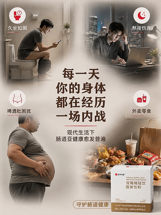 [第2屏] 详情页痛点共鸣屏-现代生活肠道亚健康四大场景直击。本屏使用【图1】作为产品展示（右下角小图）。
[氛围/风格] 现代都市生活风，写实场景插画感，暖灰调+警示红点缀，引发共鸣。
[元素布局] 画面分四个象限展示四大场景：左上-上厕所玩手机的人物剪影，右上-熬夜工作电脑前的年轻人，左下-啤酒肚男士侧面，右下-外卖零食堆满桌面；中心位置有大号主题文字；右下角放置产品包装盒小图作为解决方案暗示；背景为浅灰渐变，每个场景有独立图标标识。
[光影质感] 均匀柔光，场景层次分明，中心区域略亮突出主题文字。
[配色色系] 全局底色 #F0EDE6 浅灰米；主色 #5D4E37 深棕灰；辅助色 #C73E56 警示红、#8B6914 暖棕。
[视角构图] 中心对称构图，四宫格布局，阅读动线中心主题 → 四周场景 → 右下产品。
[文字版式] 中心大标题「每一天 你的身体都在经历一场内战」，大号深棕色粗体；标题下方副标题「现代生活下 肠道亚健康愈发普遍」，中号棕色；四个场景各配短句标签：「久坐如厕」「熬夜伤身」「啤酒肚困扰」「外卖零食」；右下角产品旁标注「守护肠道健康」。
[比例分辨率] 3:4 竖版比例，4K 分辨率，文字清晰可辨，高清画质。
[负向提示词] 人物面部模糊，场景失真，文字错乱，医疗诊断元素，恶心画面，绝对化用语。