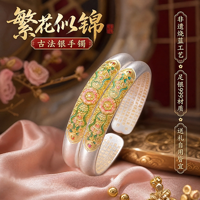 抖音电商主图，1:1正方形构图，2K超清，主体为图中同款古法描金烧蓝银手镯，保留手镯原有的金色缠枝花纹、粉色花朵、绿色卷草纹、磨砂银底和内刻心经细节，手镯斜放展示工艺细节，新中式国风场景背景，搭配淡粉色丝绸和金色小装饰点缀，高级珠宝摄影质感，柔和侧光突出纹理，画面左上角配商品名称：「繁花似锦古法银手镯」，右侧配竖排卖点：「非遗烧蓝工艺」「足银999材质」「送礼自用皆宜」，字体为国风书法体，金红配色，整体风格典雅大气，适合抖音电商种草展示