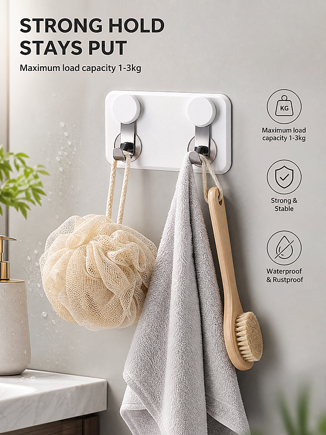 dynamic shooting demonstration, the double hook from reference image hanging daily toiletries, show it is stable and does not slip, add text "Maximum load capacity 1-3kg", all text in English, commercial product demonstration image, high definition