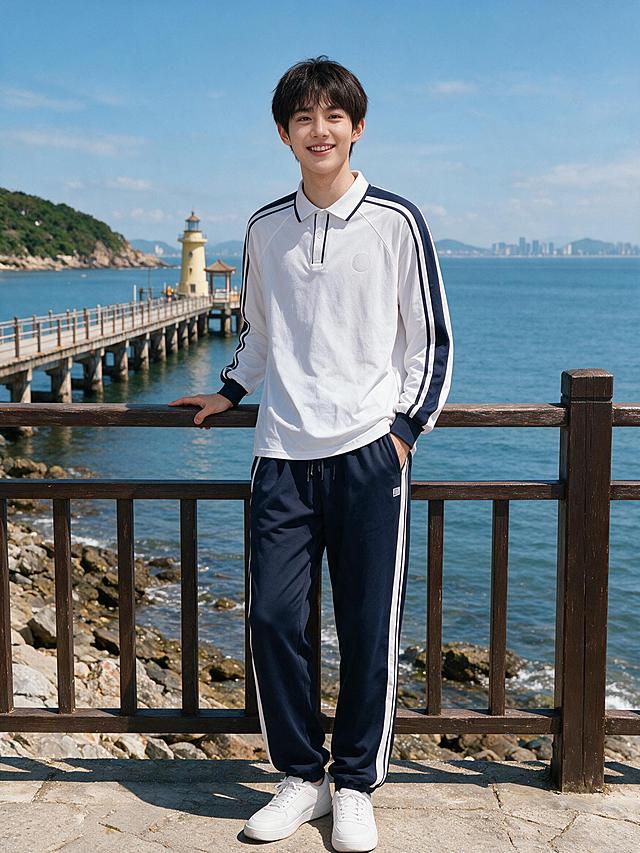 海滨风景，一名少年男模特全身照。模特保持参考图1的面容（黑色蓬松碎发刘海，大眼清澈，灿烂笑容），服装严格按照图2制作：白色长袖polo领上衣（领口深蓝细边条，两颗白色纽扣，门襟两侧深蓝竖条纹延伸至领底，插肩袖，袖子外侧自肩部至袖口为宽幅深海军蓝拼接块，拼接块内嵌两条平行白色细条纹，左胸圆形徽章位，袖口深蓝罗纹收口），上衣衣摆自然下垂不束腰；深海军蓝运动长裤（松紧腰配抽绳，裤腿外侧各有一条宽幅白色竖条纹贯穿至裤脚，右侧裤袋上方小布标，直筒微束口裤脚），脚穿白色小白鞋。模特倚靠在木质护栏前，一只手靠着护栏，一只手插兜，自然站姿，面对镜头微笑。背景：长栈桥延伸入海，栈桥尽头浅黄色灯塔，中式亭子，前景礁石滩与海浪，木质护栏，左侧绿植山丘，远景城市天际线与山脉，天气晴朗，平静海面，写实摄影，高清细节丰富，全身完整入镜