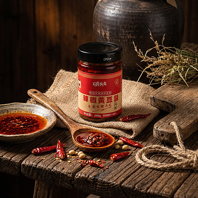 辣椒黄豆酱产品放在老榆木旧桌上，搭配粗麻布、木纹做旧道具，旁边摆放木勺、干辣椒、陶碟、草绳、陶缸和草，暗调暖光，突出酱料红油，整体氛围复古质朴，体现农家手工老味道