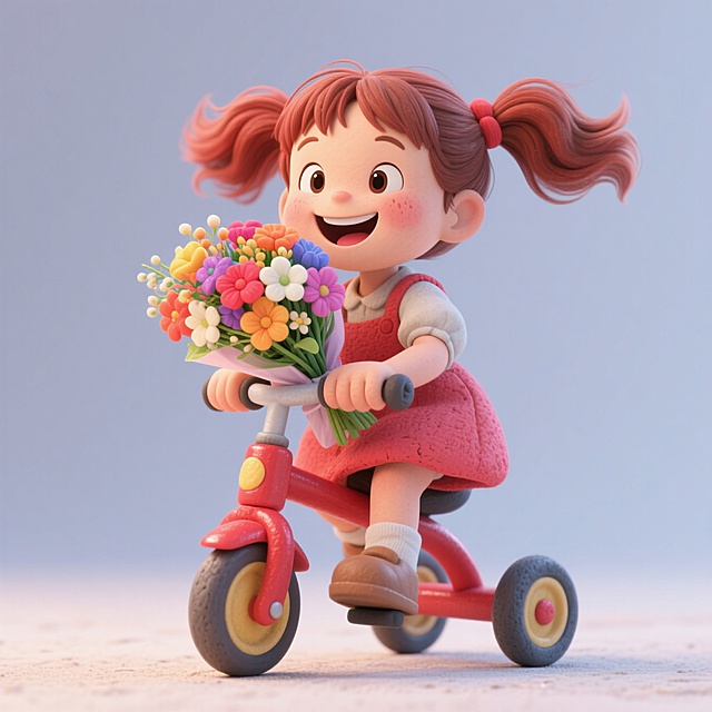软3D风卡通女孩骑三轮车，手捧鲜花，笑容灿烂，充满可爱与童趣。