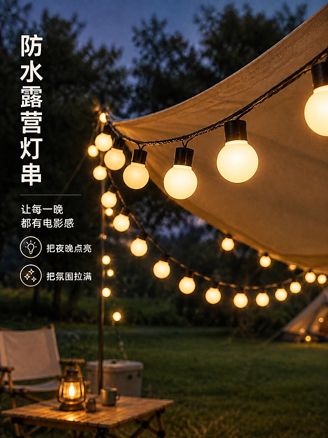 基于这张露营灯串海报图片进行修改，只修改文字和图标，其他画面元素（灯泡、帐篷、草地、椅子、桌子等）保持不变：1. 左侧竖排大标题"露营氛围灯串"改为"防水露营灯串"，副标题"让每一晚都有电影感"；2. 第一个特性"柔和暖光 营造温馨氛围"改为"把夜晚点亮"，并更换对应的图标为发光灯泡/点亮类图标；3. 第二个特性"户外防水 无惧风雨"改为"把氛围拉满"，并更换对应的图标为氛围/星星/魔法类图标；保持整体设计风格一致，字体样式和排版位置不变，背景和产品图完全保留原样