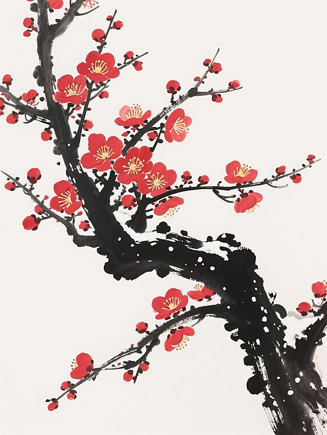 中国传统水墨画风格，以纯白为背景，画面中央是一株傲然绽放的红梅。粗壮苍劲的黑色枝干以浓淡墨色勾勒，笔触洒脱有力，富有书法韵味，枝干向右侧延伸出多条细枝。枝头点缀着大量鲜艳的红色梅花，花瓣边缘渲染细腻，中心花蕊以淡黄色点出，部分梅花含苞待放，部分全然盛开。枝干上还点缀着零星的白色墨点，模拟雪落枝头的意境，整体构图疏密有致，意境清雅悠远，展现出梅花傲骨凌霜的品格。