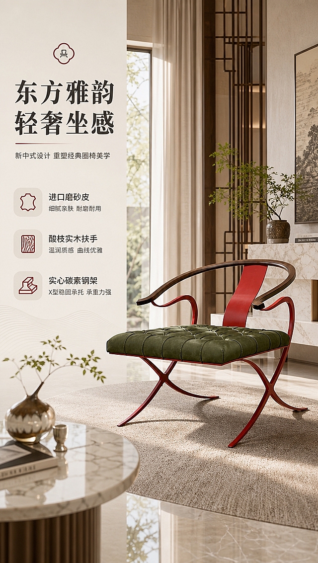 [商品] 使用【图1】D8831休闲椅；保留圈椅造型、墨绿色磨砂皮拉扣座面、红色靠背红色X型交叉底架、酸枝实木弧形扶手、整体结构比例与颜色材质；真实使用方向为正面偏侧摆放，坐面朝前。
[画面] 目标：头图海报，营造新中式轻奢高级客厅氛围，展示产品全貌与格调。构图：左文右景，左侧约1/3竖列文案区，右侧约2/3为明亮客厅大场景；产品位于画面右侧偏中，占画面约55%，45°侧视角度；前景浅色大理石边几、艺术花瓶、绿植、地毯等软装≥3层；暖亮自然光从左侧洒入，地面有柔和倒影。
[视觉] 套系策略：风格=新中式轻奢高级商业摄影，亮色调；标题字=现代宋体粗体；正文字=简洁无衬线体；主色=米白暖灰；背景延展=基于米白暖灰做深浅层级、同色渐变和细腻哑光质感；强调色=朱砂红（呼应椅架色，仅用于小面积图标、引线、标签；标题色=深炭灰；正文色=中暖灰；组件=细线引线、浅底圆角信息卡；光影=左前侧暖柔光，明亮通透。
[文字] 左侧竖列：主标题「东方雅韵 轻奢坐感」，副标题「新中式设计 重塑经典圈椅美学」，3条亮点（进口磨砂皮、酸枝实木扶手、实心碳素钢架」；文字不遮挡产品主体，横向排版，手机端可读。
[规格] 图片比例9:16竖版，4K分辨率，负向提示：避免变形、错字、文字过小、冷蓝背景、产品颜色改变、结构失真、极限词。