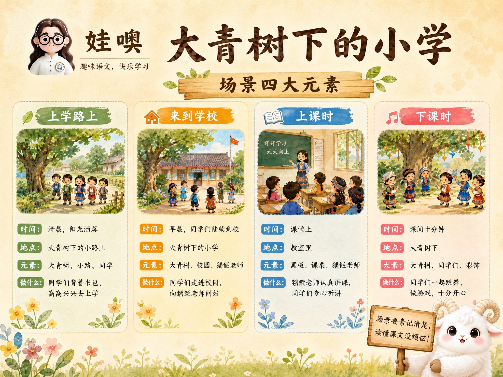 A4横版小学语文学习海报，米黄色暖色调手绘水彩风格。左上角卡通… - 图片创意预览