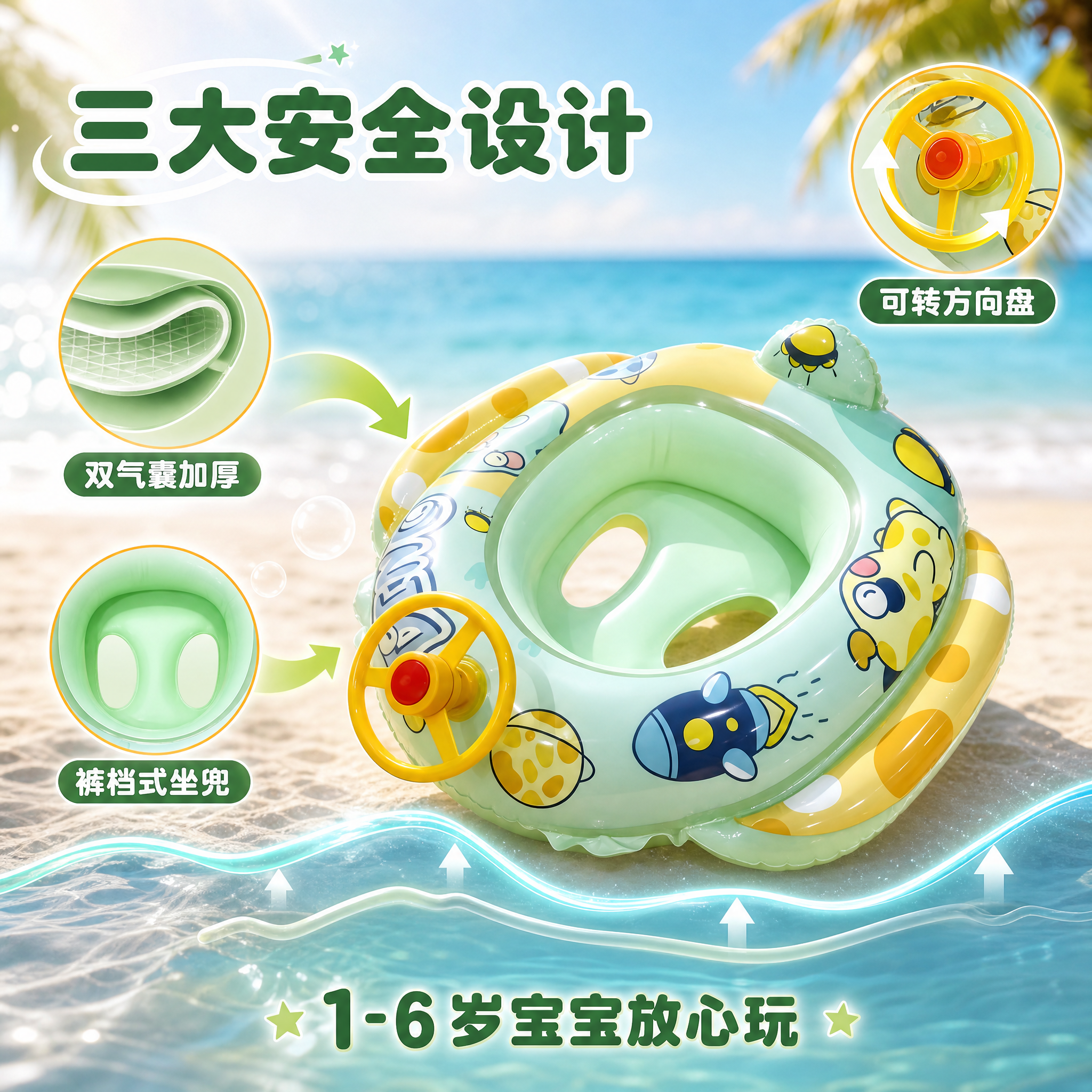 [主图-2] 儿童游泳坐圈核心功能图，绿色太空款防侧翻机理示意… - 图片创意预览