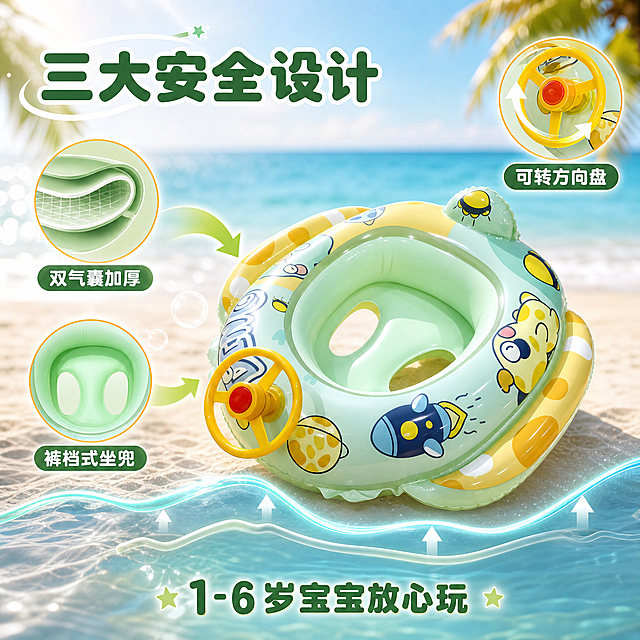 [主图-2] 儿童游泳坐圈核心功能图，绿色太空款防侧翻机理示意。
[氛围风格] 夏日清新科技感，卡通童趣，功能可视化；
[画质] 商业摄影质感、光线柔和通透、产品清晰真实、画面干净高级。
[元素] 绿色太空主题方向盘游泳坐圈位于画面右侧，沙滩海边背景虚化。左侧用流线型箭头和浮力气泡展示双气囊加厚结构防侧翻原理；底部有水面波纹和浮力示意线。画面中有三个圆形功能图标环绕产品：左上是加厚气囊截面图，左下是裤裆坐兜示意图，右上是方向盘可转动示意图。**保持绿色太空款游泳坐圈外观（即物理结构、材质质感、颜色、黄色方向盘、火箭星球图案）与输入产品图2保持绝对一致，杜绝任何变形和色差，精细化处理**。商品主体占比约55%。
[光影] 柔和自然光从左上方照射，产品有清晰的PVC反光；功能图标有轻微发光效果；整体明亮通透。
[配色] 主色清新薄荷绿+天蓝；辅色黄色（方向盘）、白色（气泡）；强调色橙色（功能图标描边）。
[视角构图] 平视视角，产品在右，功能示意在左，左右对比构图；景深较浅，背景虚化突出主体和功能示意。
[文字版式] 顶部左侧大标题，粗圆体深绿字："三大安全设计"。每个功能图标下方配短标签："双气囊加厚""裤裆式坐兜""可转方向盘"，白字绿底圆角胶囊。底部一行辅助说明："1-6岁宝宝放心玩"，中号圆体深绿字。
[输出要求] 1:1比例，文字清晰锐利，超高清商业摄影质感。
[负向提示词] 变形，文字错乱，产品图模糊，背景杂乱，水印，电商平台Logo，多余的手，畸形手。