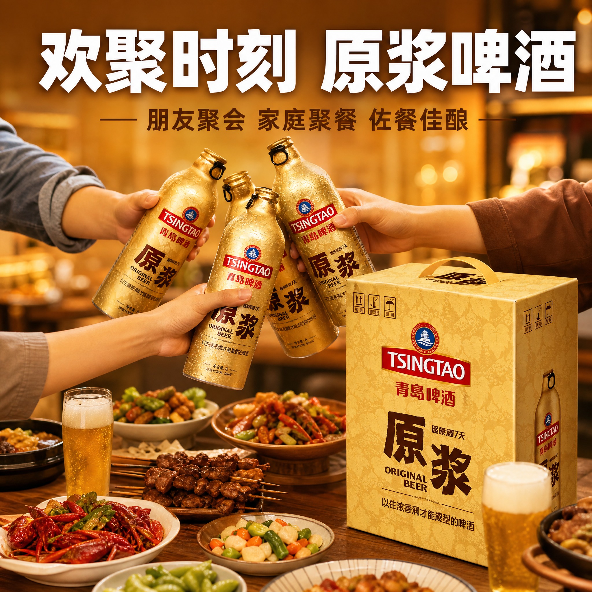 [主图-4] 青岛啤酒原浆场景图 朋友聚会欢聚场景 拼多多风格… - 图片创意预览