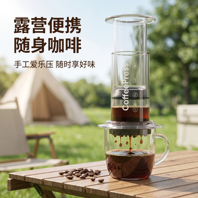 [主图 1] 便携式爱乐压手压咖啡壶透明款PC材质露营首图
[氛围风格] 明亮轻快户外露营氛围
[画质] 商业摄影质感、光线柔和通透、产品清晰真实、画面干净高级
[元素] 透明款爱乐压手压咖啡壶放置在预览效果
