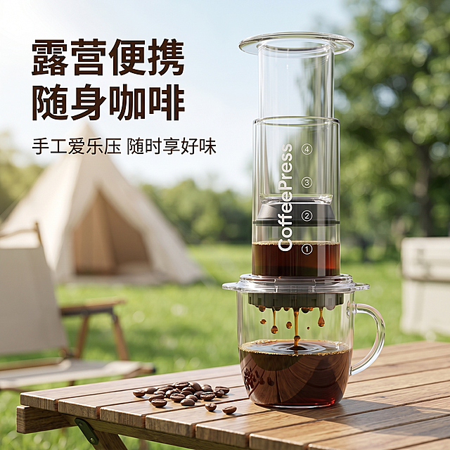 [主图 1] 便携式爱乐压手压咖啡壶透明款PC材质露营首图
[氛围风格] 明亮轻快户外露营氛围
[画质] 商业摄影质感、光线柔和通透、产品清晰真实、画面干净高级
[元素] 透明款爱乐压手压咖啡壶放置在露营木桌中央，咖啡正在萃取滴落，咖啡液流入下方玻璃杯中。背景是郊外青草地，远处有浅色帐篷，树木绿意盎然。保持爱乐压产品外观、结构、透明材质和颜色与输入产品图绝对一致，杜绝任何变形和色差，精细化处理。商品主体占比严格控制在65%左右，画面满屏无边框。前景散落少量咖啡豆点缀，自然不杂乱
[光影] 晴朗白天自然侧光，光线明亮柔和，草地漫反射形成自然补光，产品通透有层次，阴影清晰不生硬
[配色] 主色调为自然绿、原木色，搭配咖啡棕与透明主体，清新明快
[视角构图] 平视四分之三视角，景深适中，前中后景层次分明，产品轮廓完整不裁切
[文字版式] 左上负空间左对齐留安全边距，主标题 "露营便携 随身咖啡" 深棕色最大号粗体无衬线；副标题 "手工爱乐压 随时享好味" 约半高同色系。整体文字清晰不遮挡产品
[比例分辨率] 1:1 比例，1440x1440 分辨率，文字清晰锐利，超高清
[负向提示词] 变形，水印，文字错乱，产品模糊，背景杂乱，色差