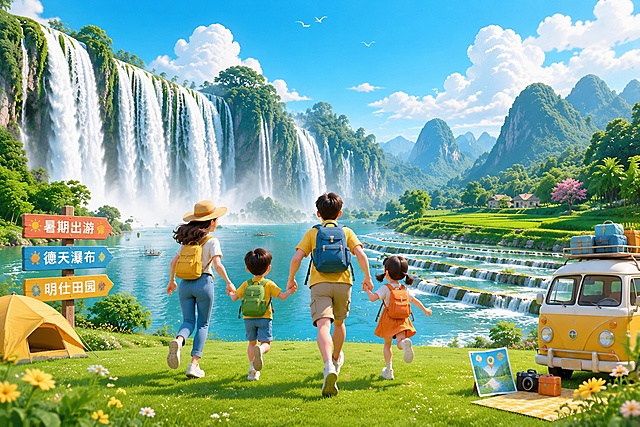 亲子图片，爸爸妈妈和孩子向前奔跑的开心背影，前面的风景是雄伟的德天跨国大瀑布和明仕田园鱼鳞坝，瀑布更大更壮观，适当添加暑期出游的装饰元素，整体风格简洁大气，适合暑期宣传，参考参考图的3D卡通插画风格