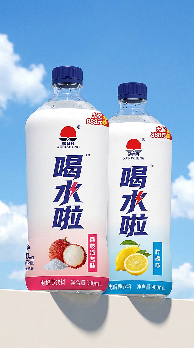 商业产品摄影图，画面中同时摆放荔枝海盐味和柠檬味两款旭日升喝水啦电解质饮料，两款饮料错落放置，参考参考图的清新明亮摄影风格，背景为蓝天白云和明亮太阳，光线通透自然，产品质感清晰，高清晰度，细节完整