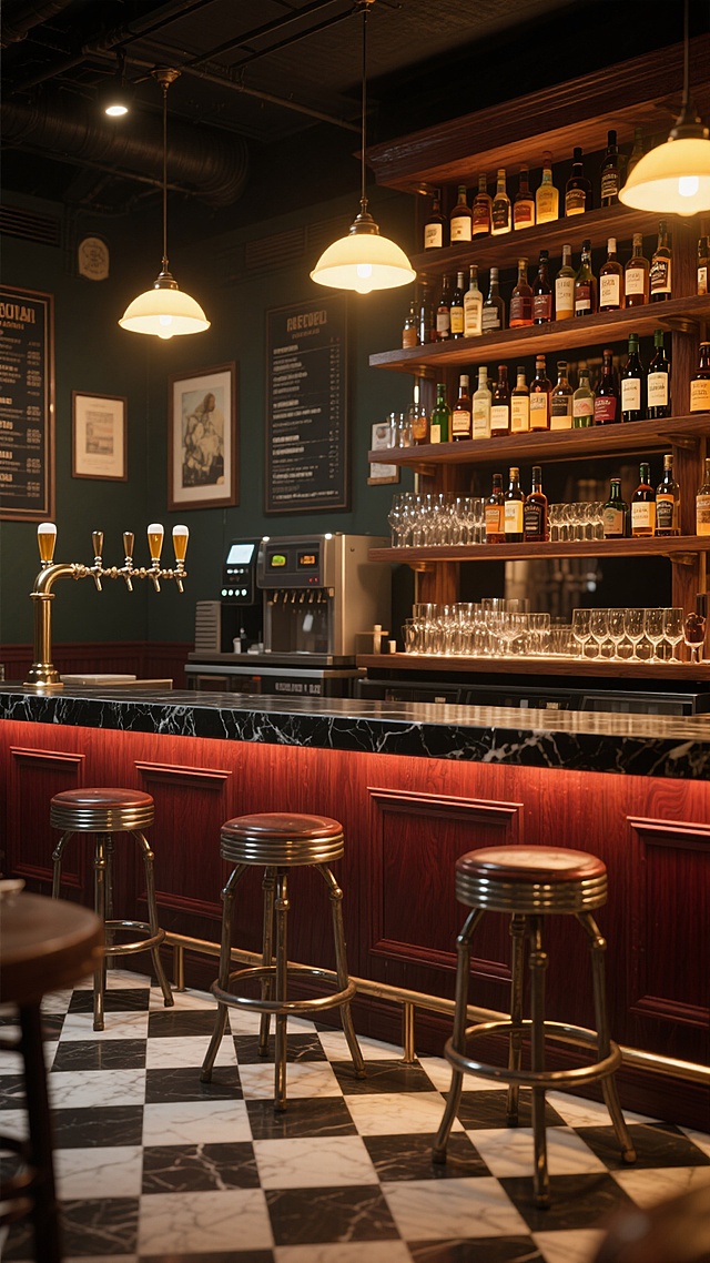 写实风格酒吧内部场景，深棕红色木质吧台搭配黑色大理石台面，吧台前摆放着复古金属框架高脚凳，后方是多层木质酒架，摆满各式酒瓶与玻璃杯，左侧有啤酒龙头和设备区，墙面挂有菜单和装饰画，地面为黑白几何图案地砖。整体色调以深棕、黑色为主，光线改为温暖柔和的暖黄色调，吧台台面和酒架玻璃器皿反射出更明亮的暖光，吊灯散发柔和光晕，营造温馨舒适且略带复古感的饮酒氛围，光影过渡自然，细节质感清晰。