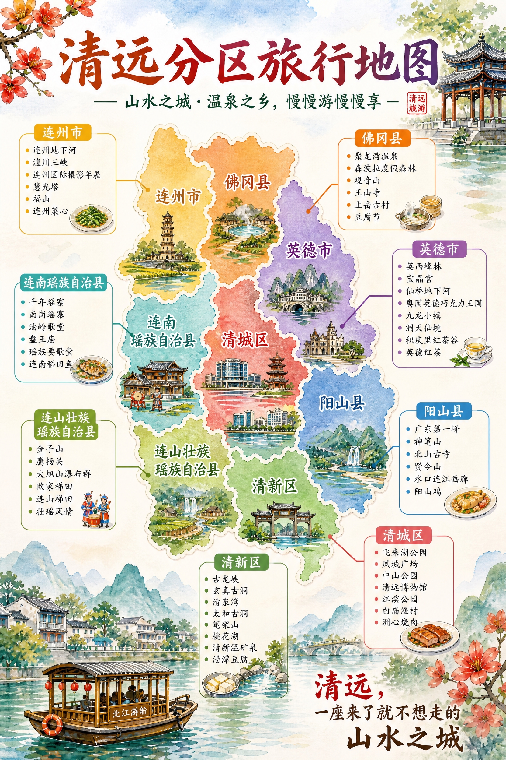 一张精美的清远市分区旅行导览图，手绘水彩清新风格，竖版构图，与… - 图片创意预览