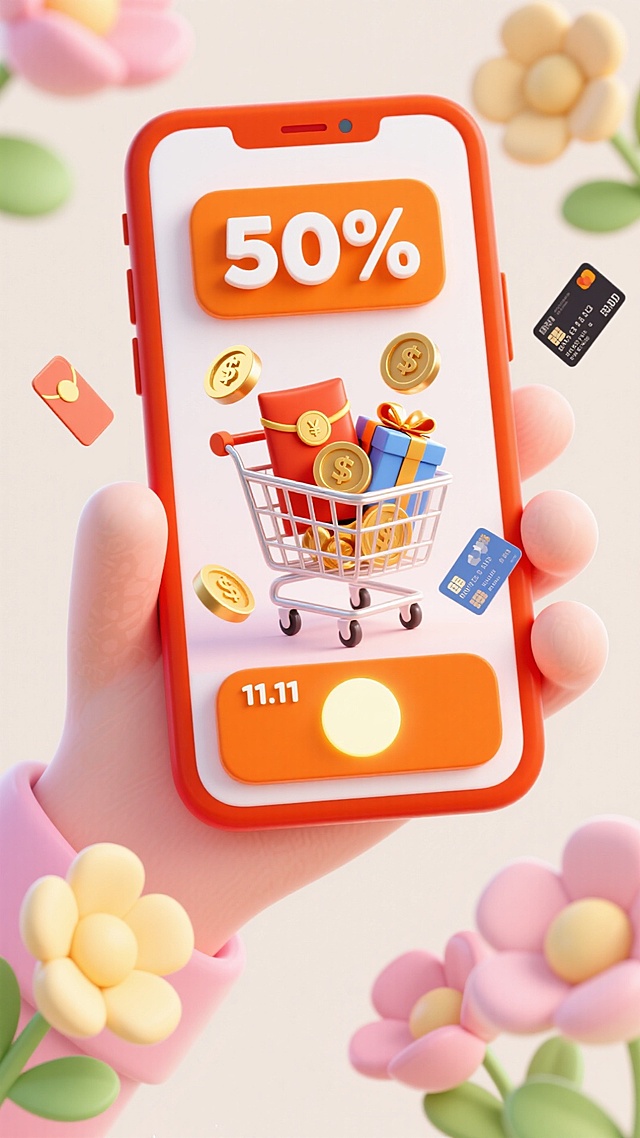 画面中心是一台橙红色边框的智能手机，机身带有细腻的磨砂质感，一只粉白色的手从手机下方托举，指尖轻轻搭在边框上，姿态自然。手机屏幕内容饱满：中央是半透明镂空的购物车图标，车内堆满了烫金红包、闪现金币与粉紫、浅蓝、明黄三色礼盒；购物车旁弹出一个橙底白字的对话框，醒目写着 “50%” 折扣标识；屏幕底部设有一枚圆润的橙色 “11.11” 按钮，按钮边缘带有轻微发光效果。屏幕四周环绕着向心状的多彩几何装饰：3 张印着简约花纹的银行卡、4 朵浅粉与鹅黄的立体花朵、5 颗蓝白相间的星星元素，这些装饰呈放射状分布，仿佛从手机里迸发而出，充满 “爆炸式” 动感。背景为柔和的米白色，无多余装饰，让主体元素更显突出。