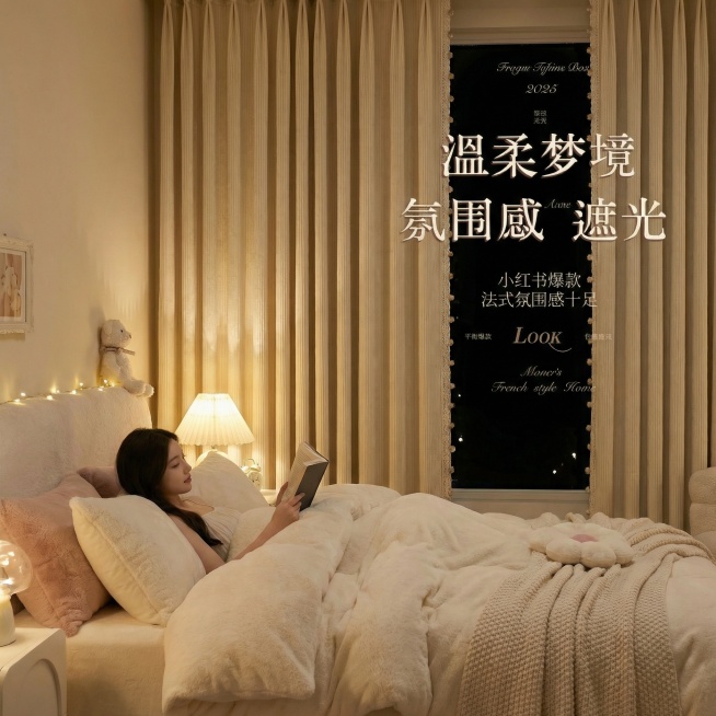 不改变窗帘的面料材质，切换不同的家装场景（最好是少女风奶油风），要求是在昏暗的室内，展示窗帘的遮光效果很好，改变角度，保留文字，一次生成3张；预览效果