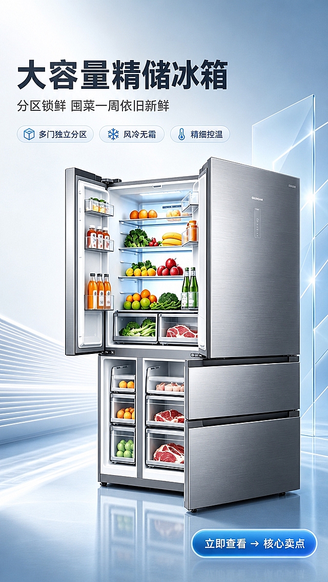 [商品] 使用【图1】风冷无霜变频多门冰箱；保留银灰色金属拉丝面板、多门结构（对开上层+下层抽屉）、开门状态、内部食材布局、品牌Logo位置与触控面板区域；增强金属拉丝质感与玻璃搁板通透感，不改变产品结构、比例和颜色。
[画面] 首屏海报，目标第一眼抓住眼球，突出大容量精储与分区锁鲜。竖版构图，产品开门全景居中偏右，占画面约65%，左上方留白放文案区。背景为渐变浅蓝灰科技空间，地面有柔和倒影，右侧有透明几何玻璃片装饰，营造干净通透的科技光影氛围。右下角悬浮圆角行动按钮。阅读动线：左上标题→中部产品→右下按钮。
[视觉] 套系策略：风格=高端科技商业摄影风；标题字=现代无衬线粗黑体（思源黑体Heavy）；正文字=简洁无衬线体（思源黑体Regular）；主色=银灰+深空蓝；背景延展=基于银灰与浅蓝做渐变层级、同色系几何玻璃质感、细腻金属反光；强调色=冰蓝色，仅用于小面积图标、引线、按钮高光和标签；标题色=深空灰；正文色=中灰；组件=圆角半透明信息卡、细线引线、胶囊形标签；光影=左前侧冷调柔光，产品右侧有轮廓光，地面柔和倒影。
[文字] 左上主标题「大容量精储冰箱」，副标题「分区锁鲜 囤菜一周依旧新鲜」，下方3个短卖点胶囊：「多门独立分区」「风冷无霜」「精细控温」。右下角圆角按钮「立即查看 → 核心卖点」。所有文字横排，不遮挡产品主体关键结构。
[规格] 图片比例9:16竖版，4K分辨率，淘宝/天猫详情页适配，避免变形、错字、文字过小、产品结构失真、颜色偏差、白底孤立、极限词。