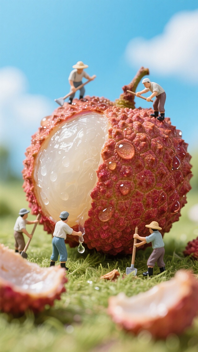 几个农民小人在一个巨大的荔枝旁工作，突出剥开的荔枝新鲜水润多汁；荔枝上带有水珠，水珠滑落；旁边还有荔枝壳；画面明亮清新，蓝天白云草地的背景；