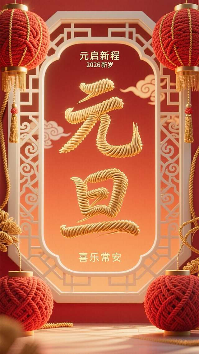 风格调性：毛线装饰艺术融合传统新年窗花美学，突出毛线编织的软糯纹理与温暖质感，整体氛围温馨雅致，兼具传统韵味与细腻触感；画面整体配色 / 色调：背景为暖橙红渐变主色，金色（毛线 “元旦” 字）、红色（毛线灯笼 / 窗花）为核心搭配，点缀米白色（窗花边缘勾线），色调统一且富有层次感，强化新年喜庆感；画面视角：正面平视视角，中心元素清晰聚焦，背景窗花底纹轻微虚化，主次分明；画面构图：竖向中心聚焦构图，“元旦” 字艺术字占据画面 60% 核心区域，上下分布辅助文案，左右对称摆放红色毛线灯笼；场景内容：新年窗花主题场景，背景是毛线编织的立体窗花纹理（如意纹、祥云纹交错），角落垂挂金色毛线流苏，灯笼表面有编织暗纹；产品（元旦字）位置：画面正中心，竖向排列；产品角度：正面垂直展示，毛线缠绕纹理清晰可见，边缘有细微光泽感；产品大小：大于两侧灯笼，小于整体画面，确保主体突出；产品放置：悬浮于窗花背景中央，无额外承载物；所有元素关系：“元旦” 字为核心，左右灯笼对称分布，上方排列 “元启新程”“2026 新岁”（毛线质感字体），下方排列 “喜乐常安”，窗花底纹作为背景衬托，所有元素围绕核心呈对称布局；产品与环境关系：金色毛线元旦字与窗花的编织纹理呼应，暖光从上方洒下，在字体重叠处形成柔和阴影，强化材质软糯感与场景喜庆氛围；细节补充：窗花边缘用金色毛线勾勒线条，文案字体与 “元旦” 字纹理一致，添加漫射暖光，整体静态展示，凸显毛线材质细节与新年温馨感。