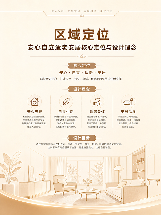 1.2米×1.6米竖向展厅展板，暖米色搭配浅咖色极简轻奢居家风格，无医疗冰冷感，柔光均匀高级，画面干净对称，留白均衡规整。顶部浅色精致小标题，中部核心正文居中规整排版，底部搭配极简线条主题插画，字体统一方正清晰，层级统一、行距统一、光影统一，8K高清，政企展厅商用喷绘质感。第二张为区域定位板，阐释安心自立适老安居核心定位与设计理念